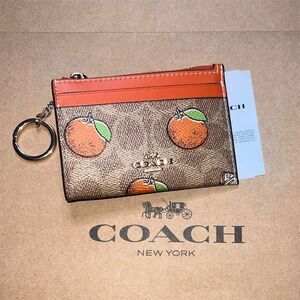 COACH Cardholder Mini Skinny Id Case Card Wallet & Keychain w Orange Print NWT